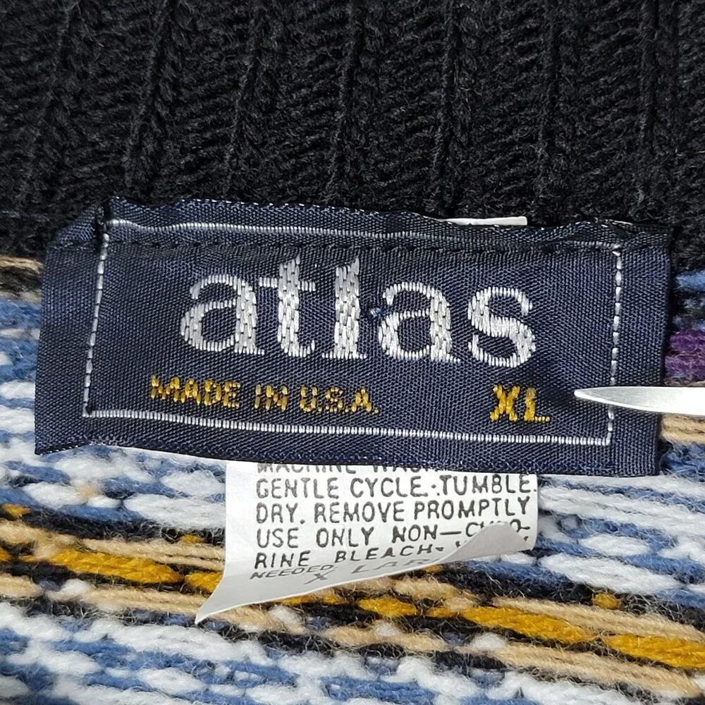 VTG Atlas Mens Blue Geometric Nordic Fair Isle Knit Crewneck Pullover Sweater XL